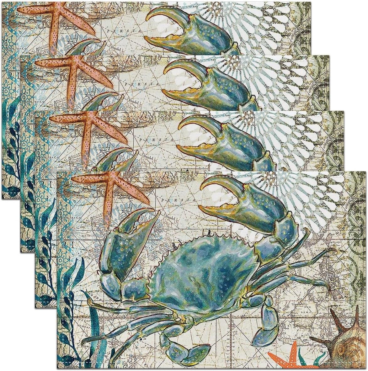 Sea Beach Theme Place Mats 12x18 Pack of 4, Kids Ocean Crabs Print Placemats, 3D Crab Oil Proof ...