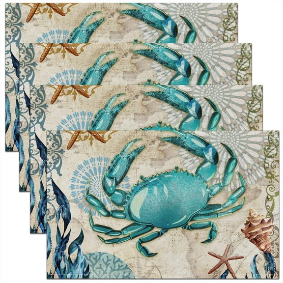 Sea Beach Theme Place Mats 12x18 Pack of 4, Kids Ocean Crabs Print Placemats, 3D Crab Oil Proof Washable Placemats, Marine Life Animal Table Mats, Teal Blue for Kitchen Table