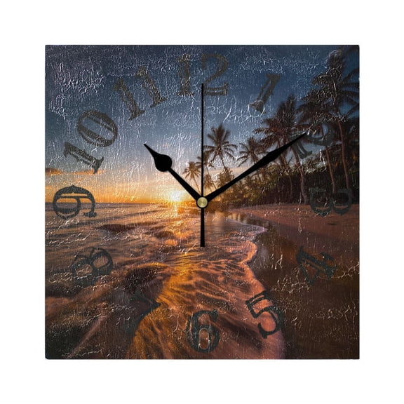 Sea Beach and Trees Wall Clock Square Silent Non Ticking Battery Operated Clock for Home Bathroom Kitchen Bedroom Living Room
