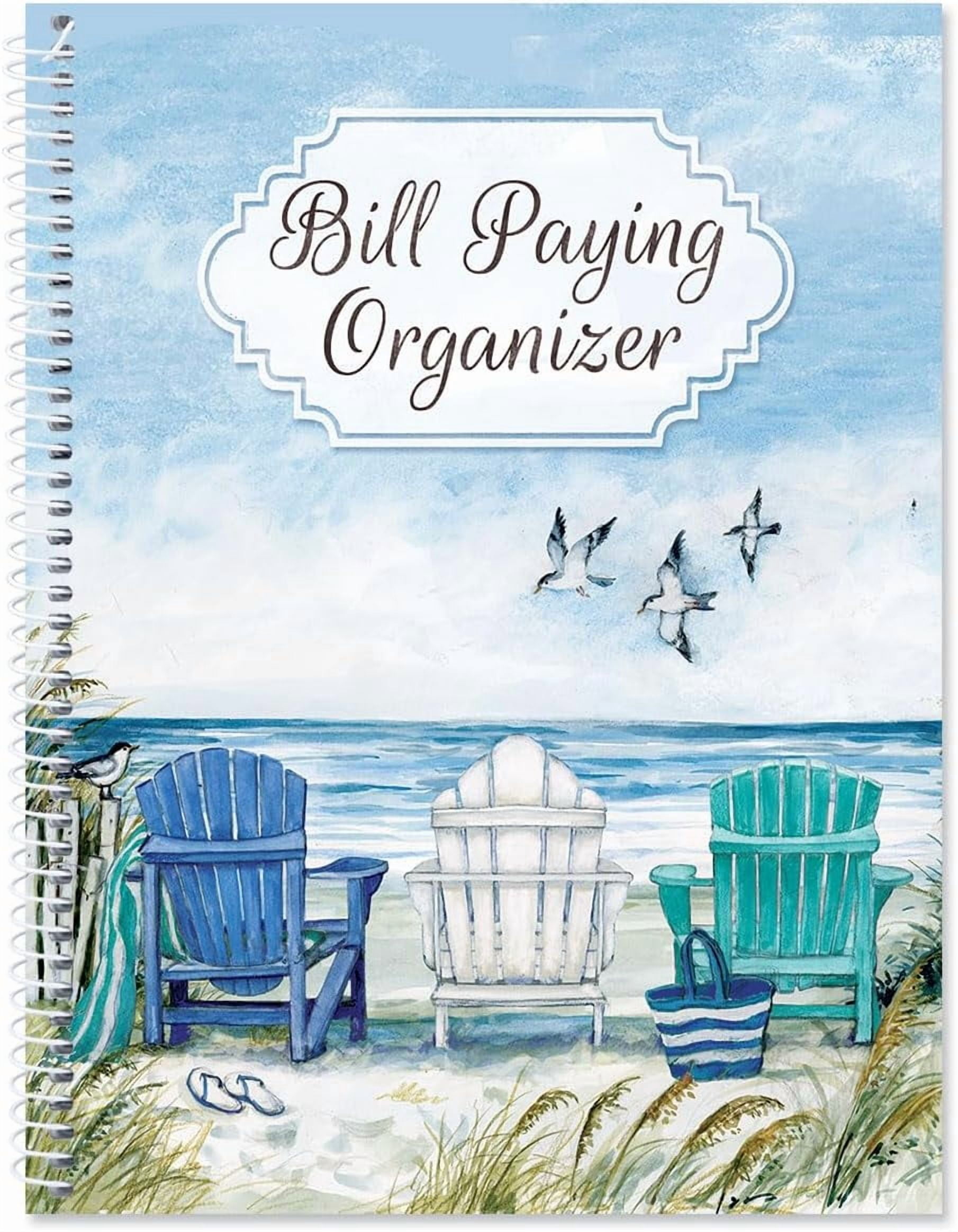 By The Sea Bill Paying Organizer Book - 9" x 12” Personal Account Book, Spiral Bound, 14 Storage Pockets, 32 Label Stickers, Monthly Finance & Payment Management Tracker for Home & Office