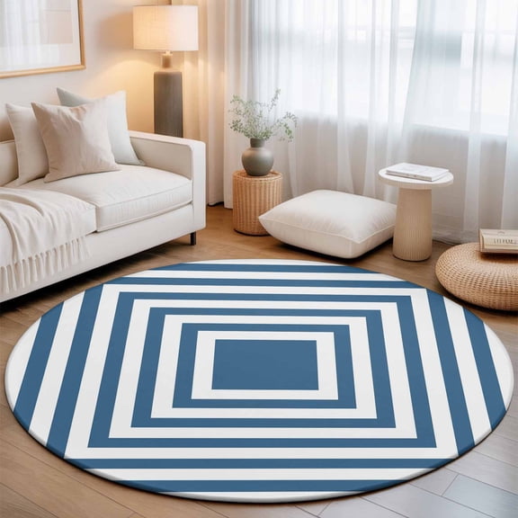 Sea Blue Concentric Squares 7' Round Rug for Living Room Conversation Area, Modern Abstract Minimalist Geometric Lines Washable Non Slip Large Circle Area Rug