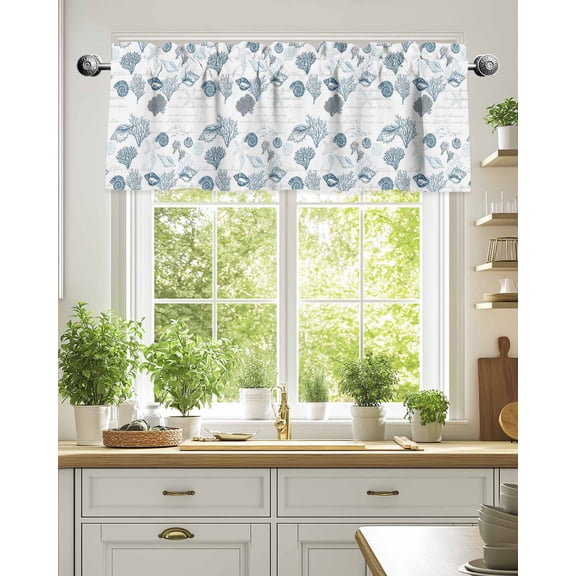 Sea Blue Coral Shell Starfish Valances for Windows,Kitchen Valance Rod Pocket Short Curtain,Marine Life on Letter Valance Curtain Window Valances for Bedroom Living Room 54x18in