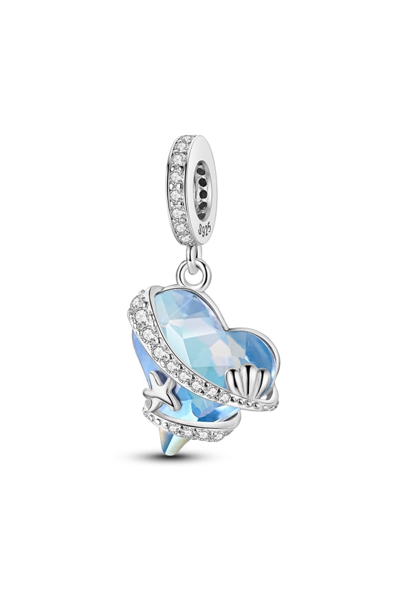 Sea - Blue Heart - Shaped Gem, Shell And Starfish Pendant Charm, Compatible with Most Bracelet, Charm for Bracelet