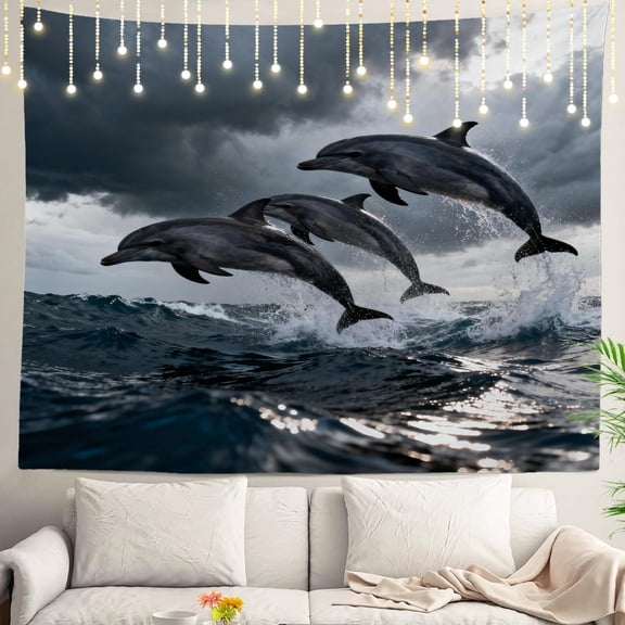 Sea Blue Nature Ocean Wall Tapestry, Grey Dolphin Wall Hanging Large Tapestry Decoration Polyester Fiber White Hem Around For Dorm Room Bedroom 30 X 40 In