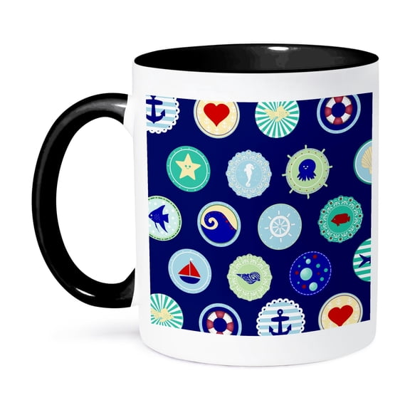 3dRose, Sea Blue nautical decor pattern - sailor ocean theme with boat fish anchors and aquatic marine life, 15oz Two-Tone Black Mug