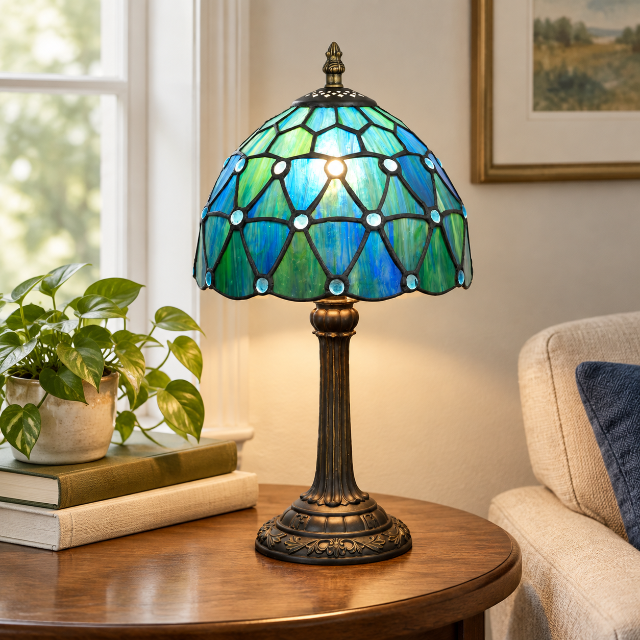 Table Light Man Sea Blue Stained Glass Small Bedside Table Lamp for Bedroom Living Room ...