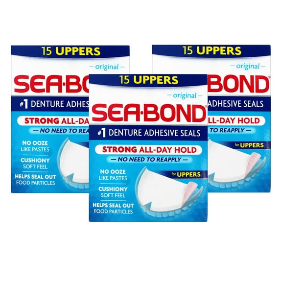 3 Pack - Sea Bond Secure Denture Adhesive Seals, Original Uppers, Zinc-Free, All-Day-Hold, Mess-Free, 15 Count