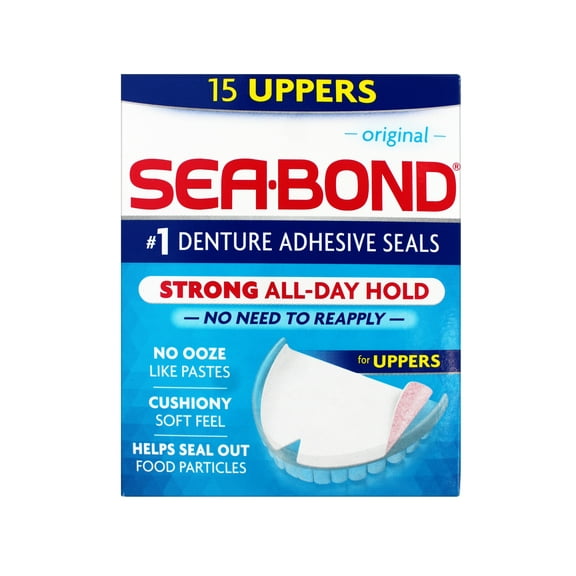 Sea Bond Secure Denture Adhesive Seals, Original Uppers, Zinc-Free, All-Day-Hold, Mess-Free, 15 Count