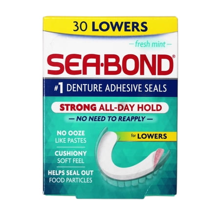 2 Pack - Sea Bond Secure Denture Adhesive Seals, Fresh Mint Lowers, All-Day-Hold, Mess-Free, 30 Count