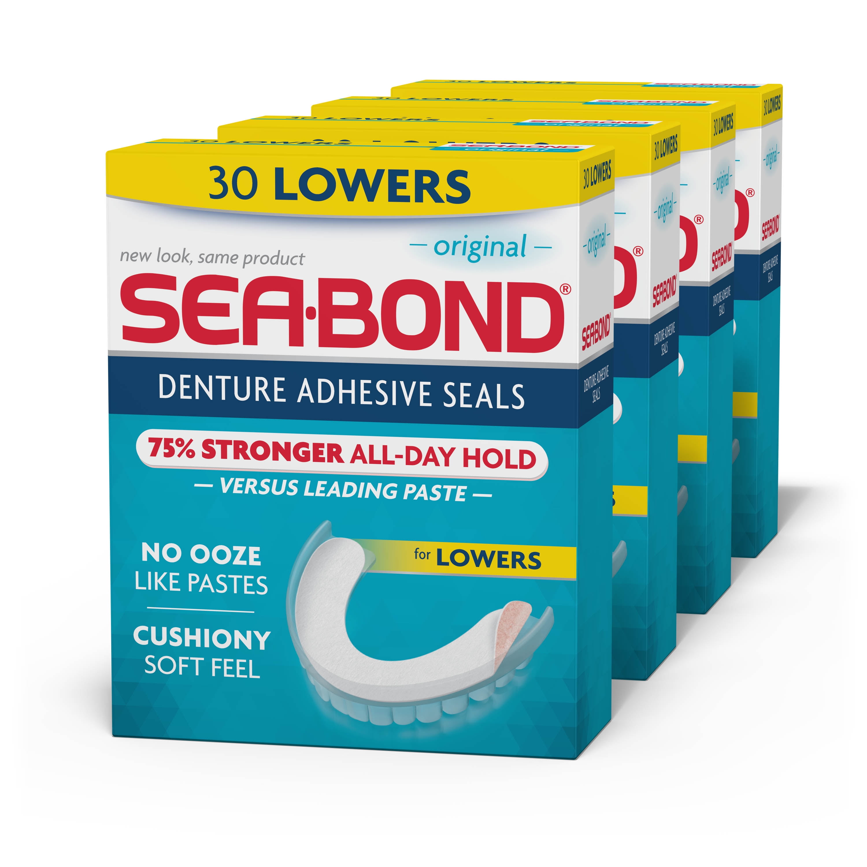 Sea Bond Lower Secure Denture Adhesive Seals, For an All Day Strong Hold,  Original Flavor Seals, 30 Count, 4 Pack