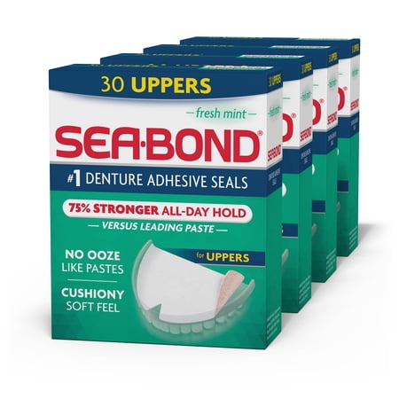 Sea-Bond Secure Denture Adhesive Seals, Fresh Mint Uppers, All-Day-Hold, Mess-Free, 30 Count - 4 Pack