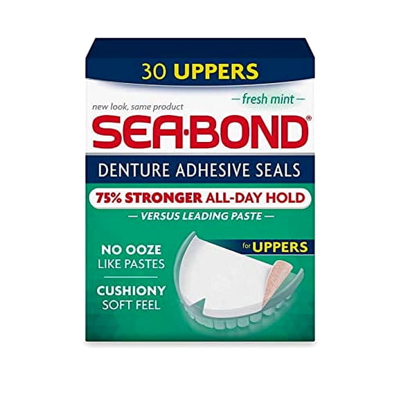 Sea Bond Secure Denture Adhesive Seals, Fresh Mint Uppers, Zinc Free, All Day Hold, Mess Free, 30 Count