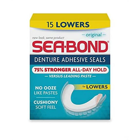 Sea-Bond Secure Denture Adhesive Seals, Original Lowers, Zinc-Free, All-Day-Hold, Mess-Free, 15 Count