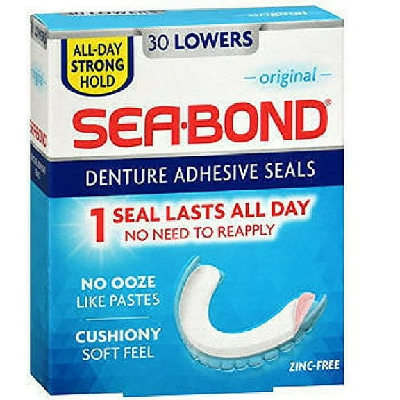 Sea Bond Secure Denture Adhesive Seals, Original for Lowers, All-Day-Hold, 30 Count - 5 Pack