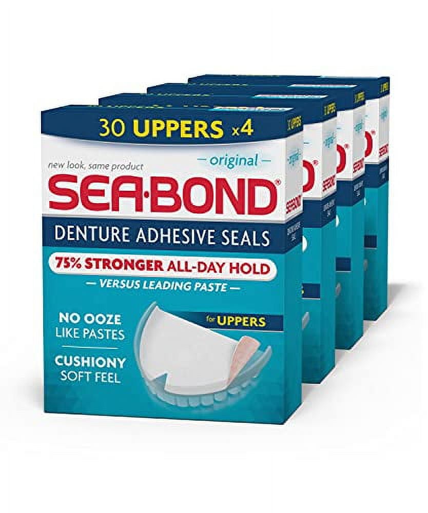 SeaBond Secure Denture Adhesive Seals, Original Uppers, Zinc Free, All Day Hold, Mess Free, 30