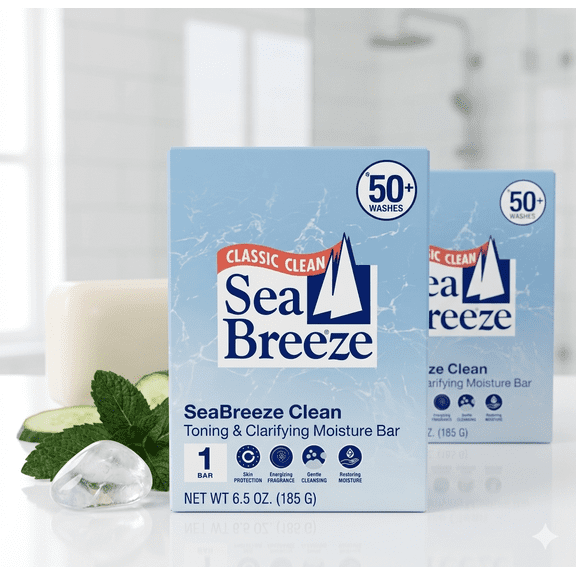 Sea Breeze Classic Clean Toning & Clarifying Moisture Bar Soap (100 Washes), 6.5 oz - 2 Pack