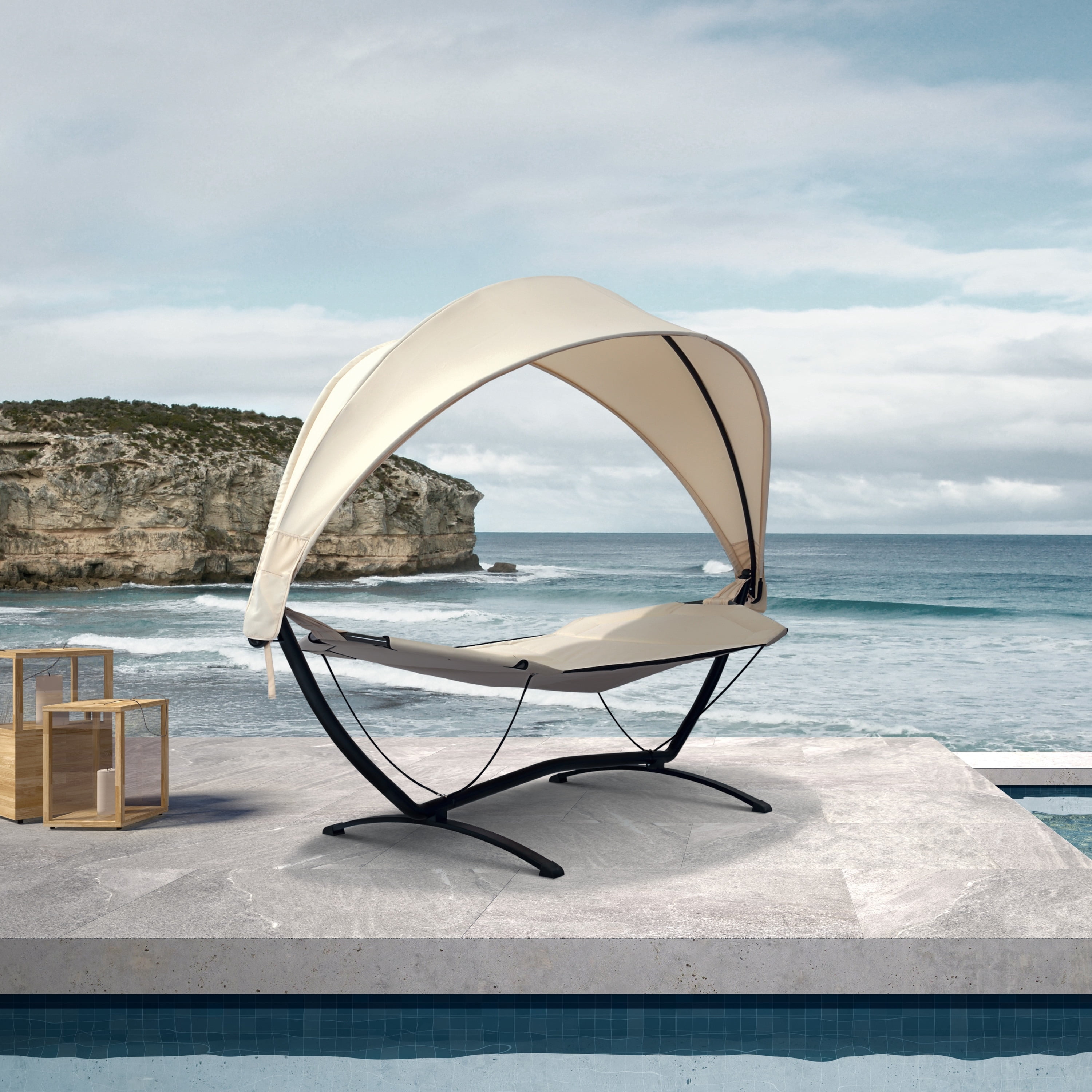 Sea Breeze Luxury Steel Frame Lounger With Canopy Champagne