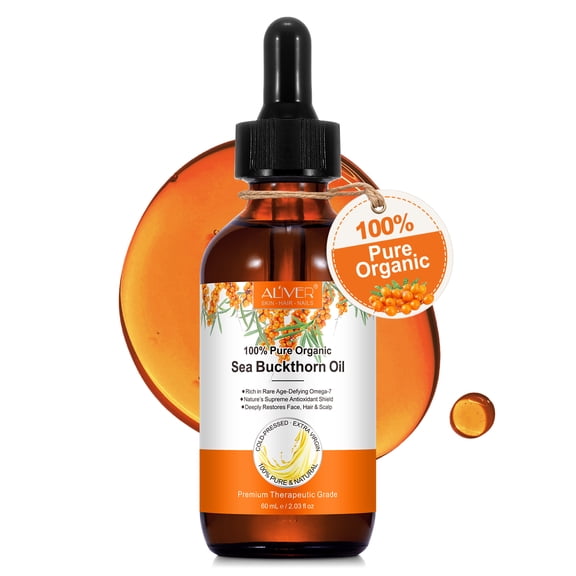 Sea Buckthorn Oil, Organic Cold Pressed Facial Oil with Omega 7 & Vitamin E, Hydrating Moisturizer Oil for Face, Hair, Scalp & Nails, 60 mL