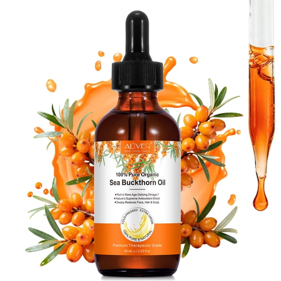 Sea Buckthorn Oil Pure & Cold-Pressed, Antioxidant Facial Oil, Skin Moisturizer, Rich in Omega-7, Vitamin E & Carotenoids, for Dry Skin, Fine Lines, Hair Care, 2floz (60ml)