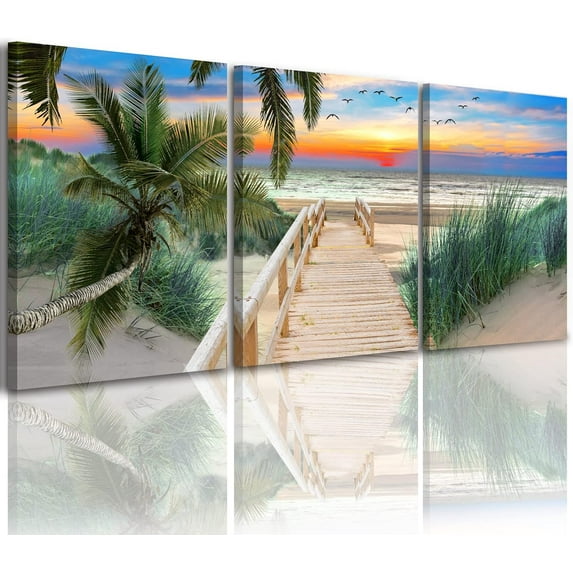 Sea Canvas Wall Art - Sunset On Ocean Seascape Giclee Artwork, Pathway on Sand Beach, Green Grass Landscape Painting, Framed Picture Canvas Prints for Living Room Decor (E,12x16inchx3pcs)