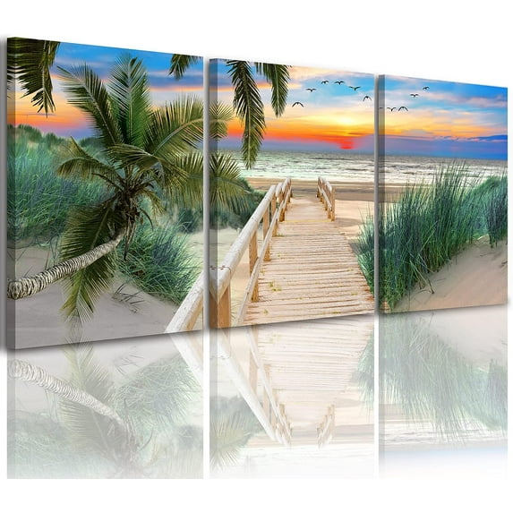 Sea Canvas Wall Art - Sunset On Ocean Seascape Giclee Artwork, Pathway on Sand Beach, Green Grass Landscape Painting, Framed Picture Canvas Prints for Living Room Decor (E,12x16inchx3pcs)