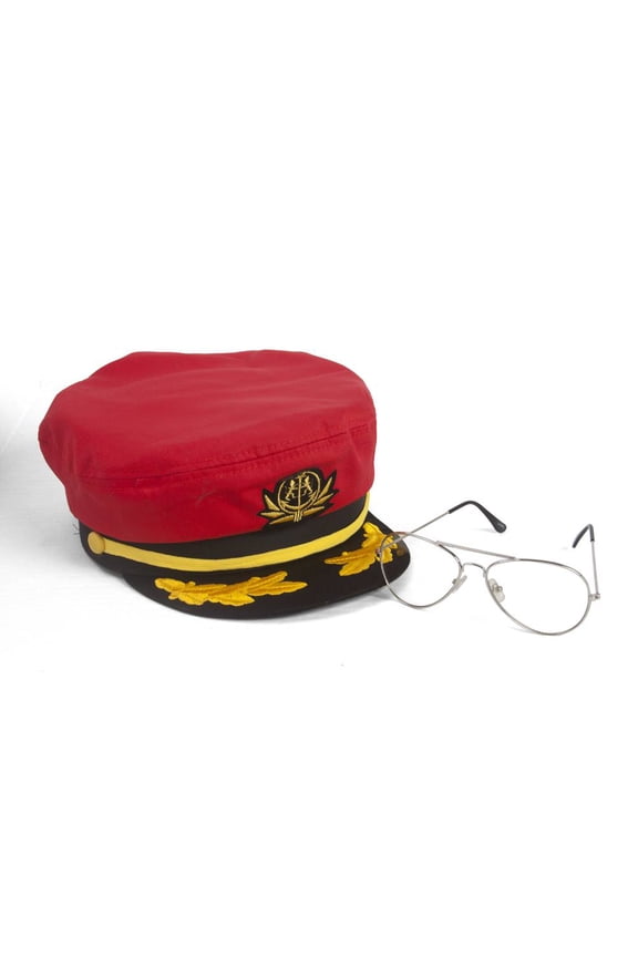 Sea Captain's Kit - Captain Hat + Aviator Sunglasses - Red - Clear