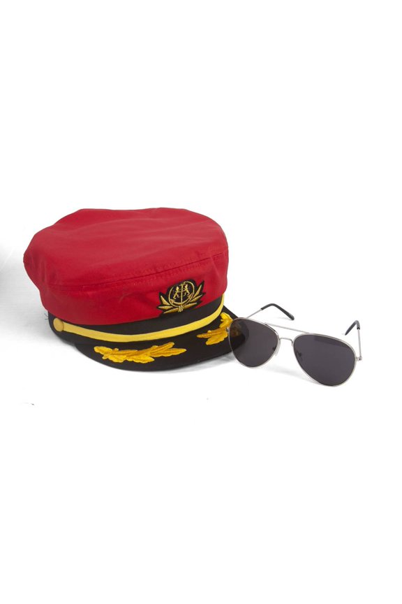 Sea Captain's Kit - Captain Hat + Aviator Sunglasses - Red - Tinted