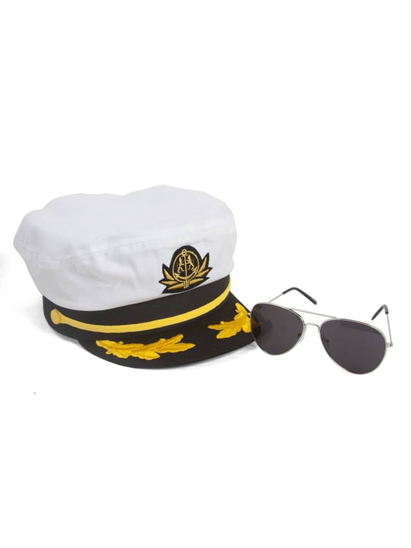Sea Captain's Kit - Captain Hat + Aviator Sunglasses - White - Tinted