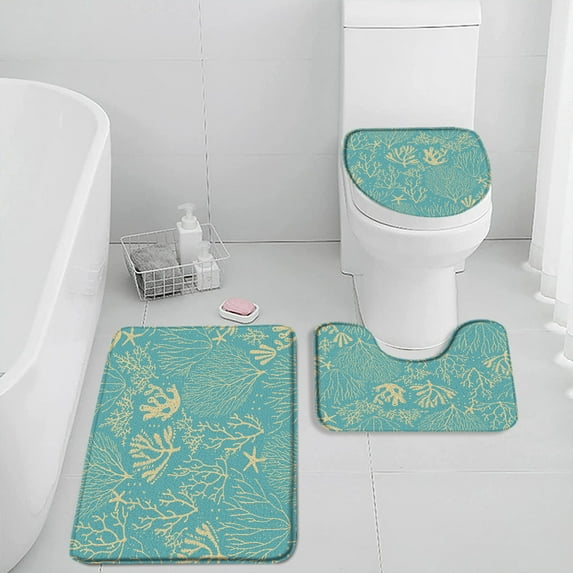 Sea Cartoon Non-slip Bath Mat Colorful Coral Shell Seahorse Seastar Bathroom Decorations Kids Bath Rug Flannel Toilet Lid Cover