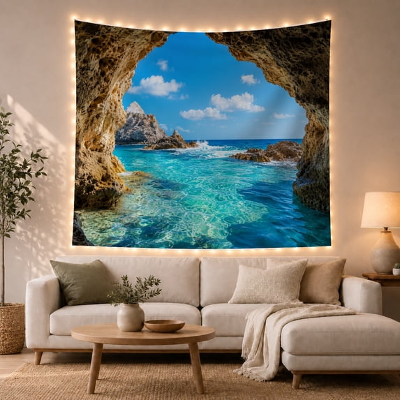 Sea Cave View With Clear Blue Water, Adventurous Coastal Art for Ocean Lovers, Coastal Home Decor, Housewarming Gift, Tapestry Wall Hanging for Bedroom and Living Room