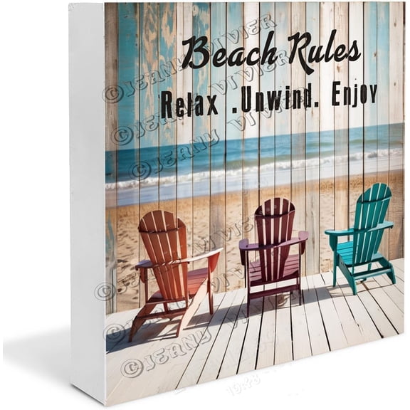Sea Chair Beach Rules Relax Unwind Enjoy Wooden Box Sign Funny Beach Themed Party Favors Country Bedroom Decor Centerpiece Wooden Box Wood Block Signs For Shelf Desk Decor 5x5 in