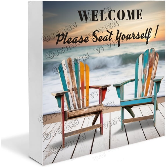 Sea Chair Please Seat Yourself Wooden Box Sign for Tiered Tray Country Home Decor Decorative Centerpieces for Shelf Wood Block Signs For Shelf Desk Decoration 7x7 in