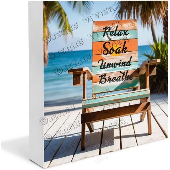 Sea Chair Relax Soak Unwind Breathe Wooden Box Sign Summer Sign for Shelf Country Kitchen Decor Small Centerpieces for Shelf Wood Block Signs For Shelf Desk Decoration 5x5 in
