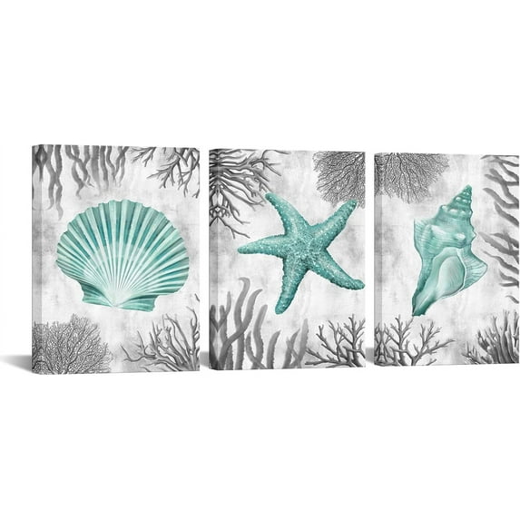 Sea Coastal Style Picture Teal Starfish Shell Conch Grey Coral Painting Canvas Prints Artwork Gift for Bedroom Bathroom Home Living Room Wall Decoration