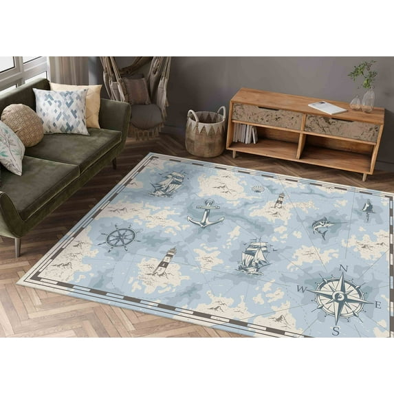 Sea Compass Rugs, Sea Concept Rugs, Blue Rug, Kids Room Rug, Nursery Rug, Bedroom Rug, Boy Room Rug, Gift For The Home, Children Room Rug, 2.6'x5' - 80x150 cm