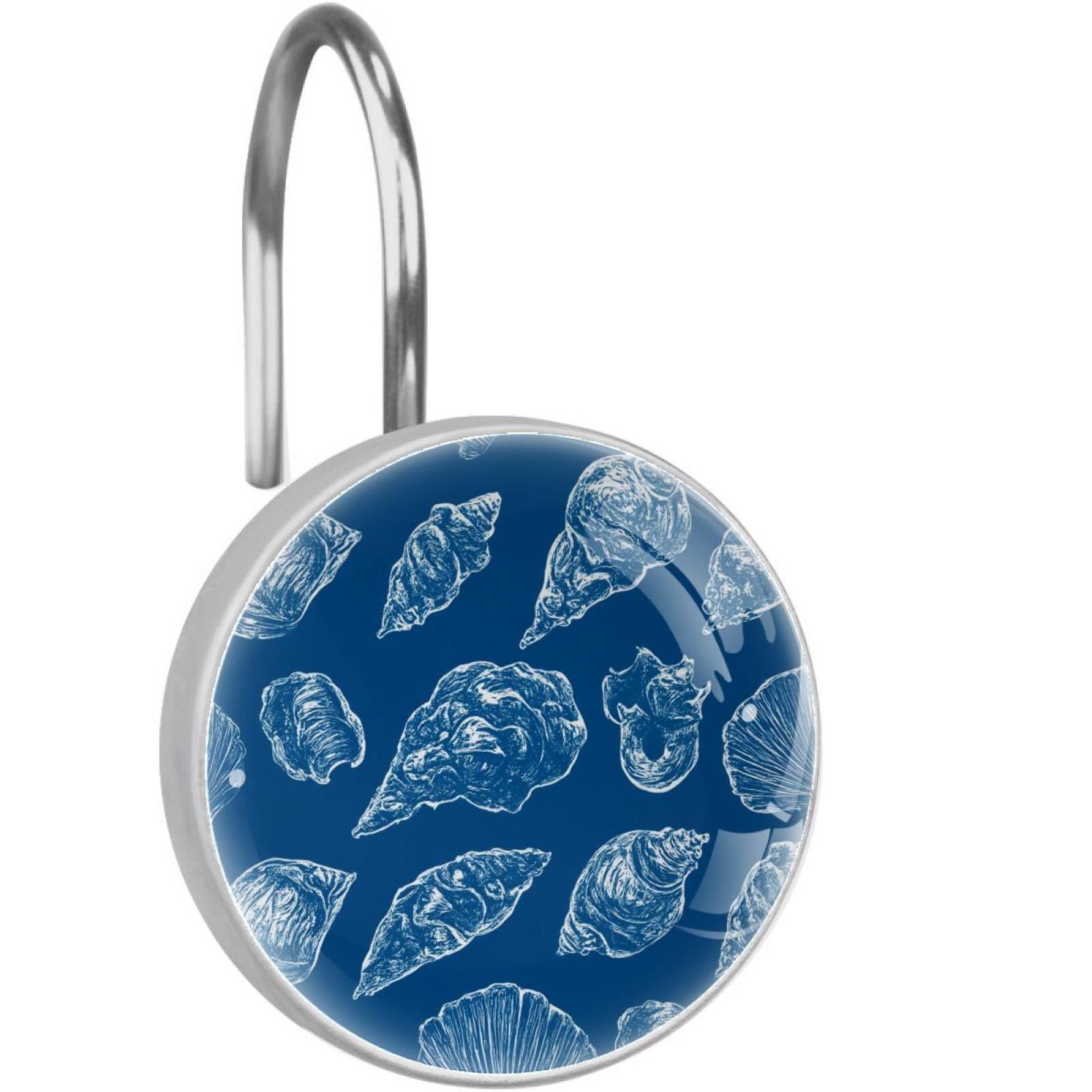 Sea Conch Pattern on Blue Shower Curtain Hooks Round Crystal Glass, Set of 12 Shower Curtain Rings - Shower Hooks for Curtain Shower Rings