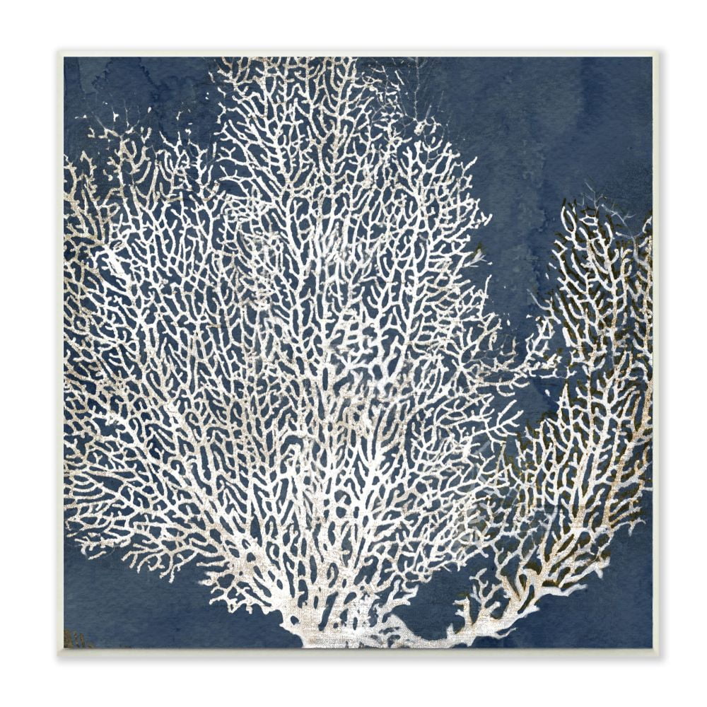 Blue and White Sea Coral Silhouette 12" x 12" Wood Wall Art
