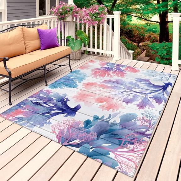 Sea Coral Reef Outdoor Rug for Patio/Deck/Porch, Non-Slip Large Area Rug 5 x 7 Ft, Coastal Marine Pink Purple Gray Wood Indoor Outdoor Rugs Washable Area Rugs, Reversible Camping Rug Carpet Runner