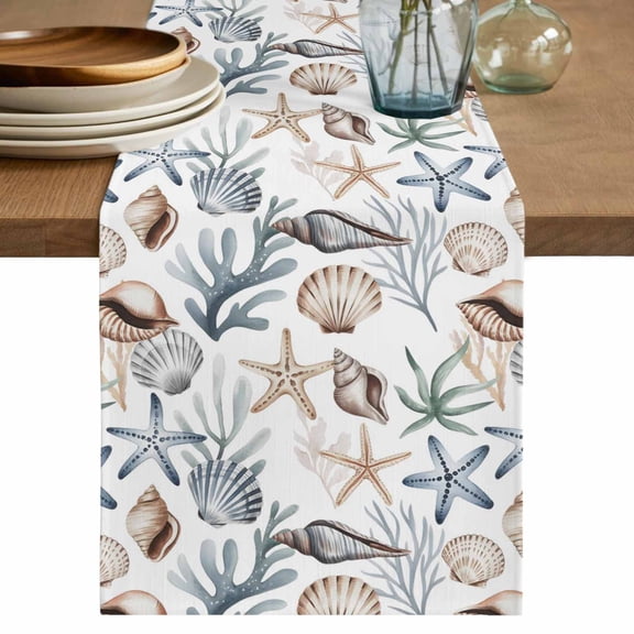 Sea Coral Shells Starfish Table Runner, Summer Nautical Coastal Watercolor Washable Cotton Linen Table Runners 36 Inches Long, Dresser Scarf Runner for Nightstand/End Tables/Round Tables 13''x36''