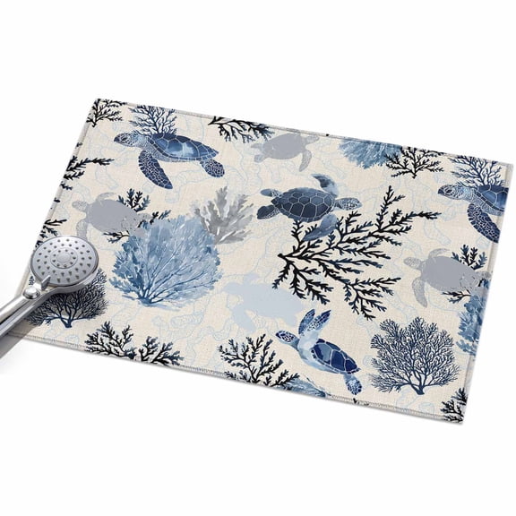 Sea Coral Turtle Area Rugs 2x3ft Watercolor Blue Sea Stars Corals Turtle Beige Floor Rug Non Slip Low Pile Ultra Soft Throw Carpet for Entryway Indoor Entrance Kitchen Bathroom