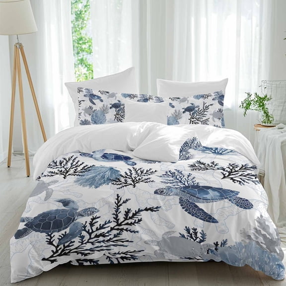Sea Coral Turtle Queen Size Comforter Set, Watercolor Blue Sea Stars Corals Turtle Bedding for All Seasons, 4 Pcs Bed Set, 1Quiltcover (90"x92") ,1Sheet(94"x116"), 2Pillowcases (30"x20")