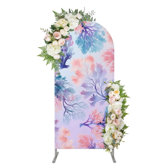 Sea Corals Arch Backdrop Cover 4FT, Coastal Pink Purple Underwater Reef Ombre Spandex Fitted Stretchy Arch Stand Covers, Round Top Chiara Backdrop Cover for Wedding Party Birthday Baby Shower