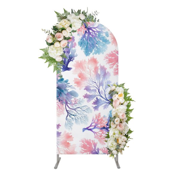 Sea Corals Arch Backdrop Cover 4FT, Coastal Reef Pink Purple Blue Underwater Marine Spandex Fitted Stretchy Arch Stand Covers, Round Top Chiara Backdrop Cover for Wedding Party Birthday Baby Shower
