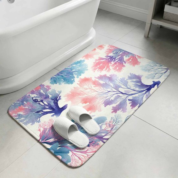 Sea Corals Bathroom Rugs Non Slip Washable Bath Mat Absorbent Front Door Mat Coastal Reef Pink Purple Blue Underwater Marine Indoor Doormat for Kitchen Entryway Shower Decor Accessories 15.7"x23.6"