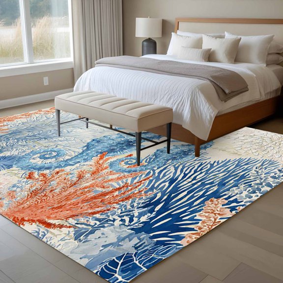 Sea Corals Seahorse 6x9 Rug for Dining Room Table and Chair Setup, Summer Beach Sea Stars Retro Texture Low Pile Washable Non Slip Rectangle Area Rug
