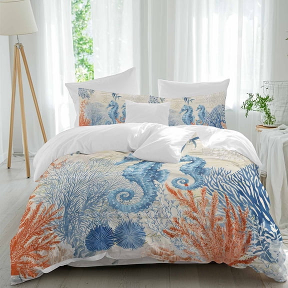Sea Corals Seahorse Full Size Comforter Set, Summer Beach Sea Stars Retro Texture Bedding for All Seasons, 4 Pcs Bed Set, 1Quiltcover (86"x86") ,1Sheet(80"x116"), 2Pillowcases (30"x20")