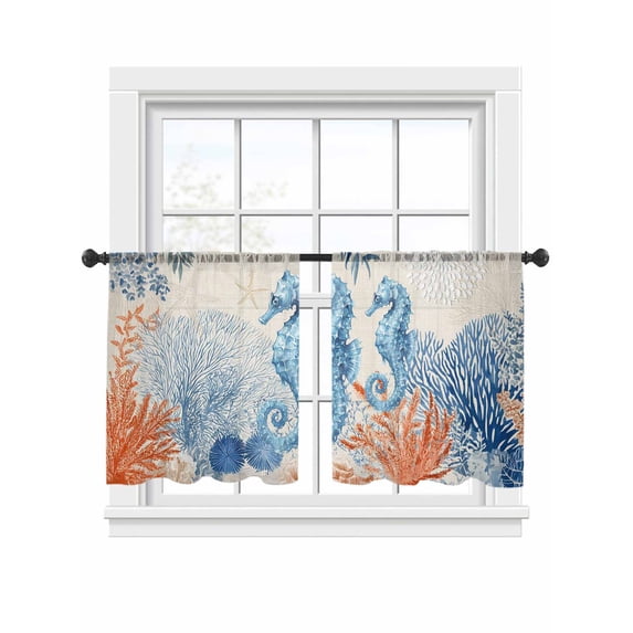 Sea Corals Seahorse Sheer Curtains 54 Inch Long 2 Panels, Summer Beach Sea Stars Linen Texture Light Filtering Rod Pocket Curtains, Sheer Voile Drapes for Living Room Bedroom, 52"x54"