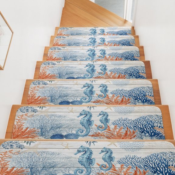 Sea Corals Seahorse Stair Treads Non Slip for Steps Summer Beach Sea Stars Wood Grain 7 Pcs Reusable Adhesive Stair Runner Mats for Dogs Elders Carpet Treads Rugs for Staircase 8x30 In