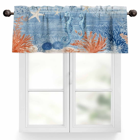 Sea Corals Seahorse Valances for Windows Summer Beach Sea Stars Blue Stripes Valance Curtains Rod Pocket Bathroom Small Window Treatments for Kitchen Living Room Bedroom, 42"x12"