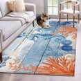 thumbnail image 1 of Sea Corals Seahorse Washable Area Rugs 4'x6', Summer Beach Sea Stars Blue Wood Grain Low Pile Throw Living Room Rug Non-Slip Sturdy Edge Binding Carpet for Indoor Entryway Bedside Kitchen, 1 of 9